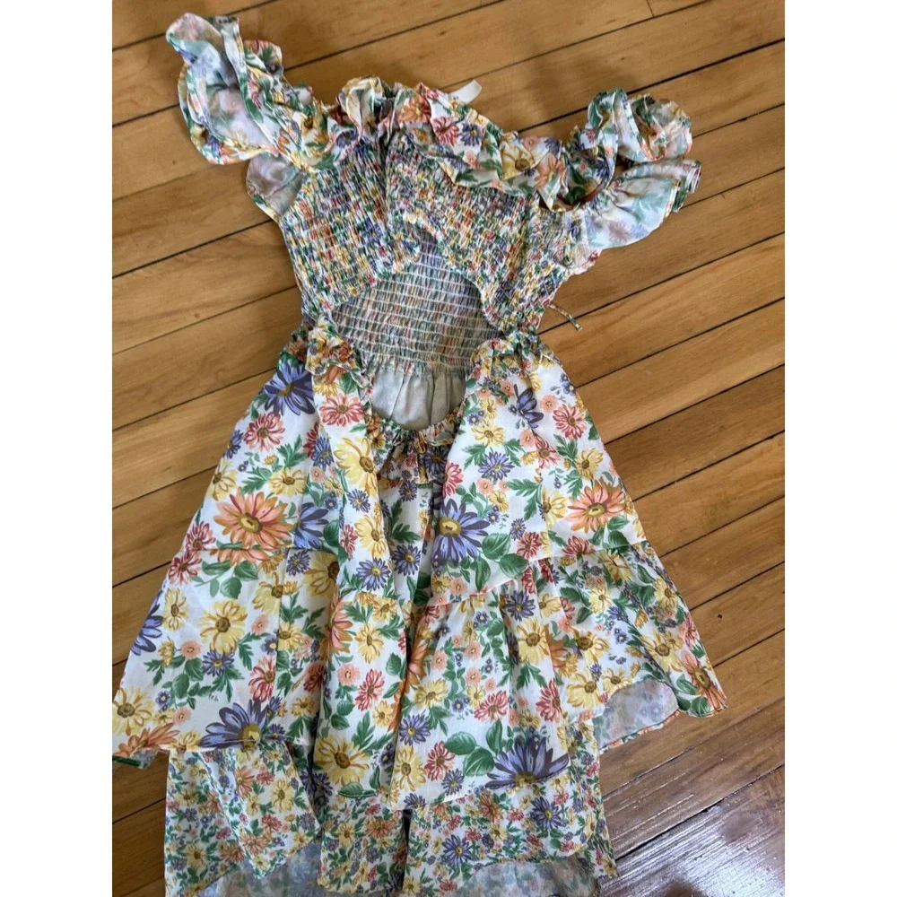 Moonsea blue‎ and yellow floral print high low dress back cut out youth